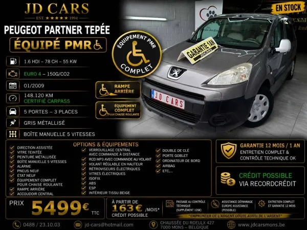 Peugeot Partner PARTNER TEPEE 1.6 HDI ‼️EQUIPEMENT PMR‼️GARANTIE 1 AN CTOK